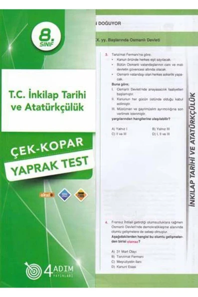 4 Adım Yayınları 8 Sınıf T C Inkilap Tarihi Ve Atatürkçülük Çekkopar Yaprak Test