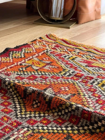 91x147 cm Küçük Renkli Kilim, Geometrik Motifli El Dokuma Yün Kilim, Canlı Renkli Harika Kondisyonlu Nostaljik Kilim - 3