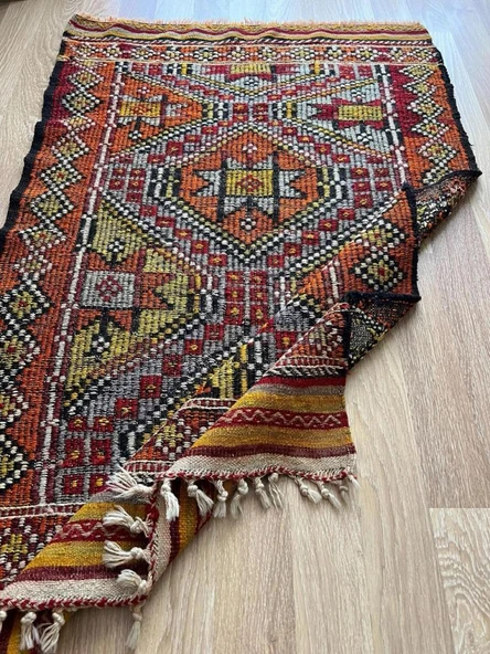 91x147 cm Küçük Renkli Kilim, Geometrik Motifli El Dokuma Yün Kilim, Canlı Renkli Harika Kondisyonlu Nostaljik Kilim - 8