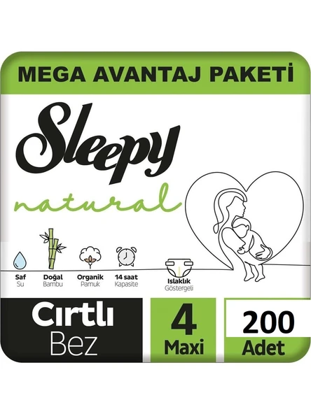 Sleepy Natural 4 Numara Maxi 200'lü Bebek Bezi ürün görseli
