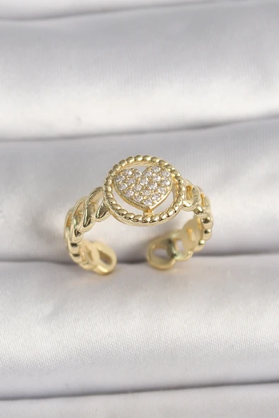 Pirinç Gold Renk Ayarlanabilir Zirkon Taşlı Kalp Model Kadın Yüzük - EBJ250207W31152 ürün görseli