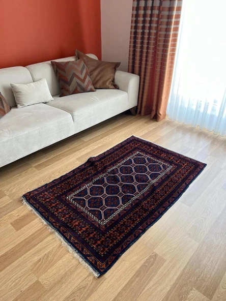 92x146 cm Küçük Mavi Türk Halısı, El Dokuma Yün Halı, Canlı Mavi Tonları, Vintage Yün Halı - 2