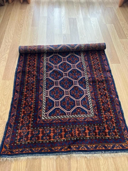 92x146 cm Küçük Mavi Türk Halısı, El Dokuma Yün Halı, Canlı Mavi Tonları, Vintage Yün Halı - 8