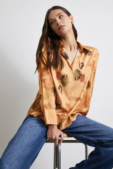 V Yaka Desenli Gömlek Somon ürün görseli