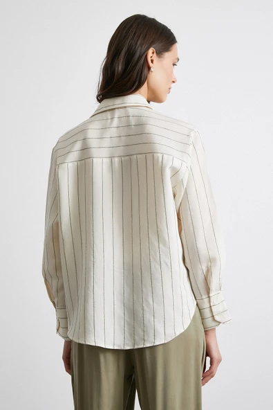 Kontrast Çizgili Modal Gömlek Haki - Resim 6