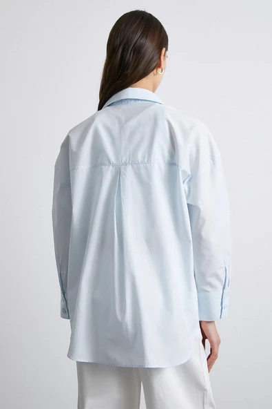 Oversize Pamuklu Gömlek Açık Mavi - Resim 6