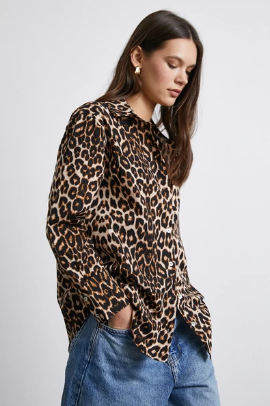 Leopar Desenli Poplin Gömlek Bej - Resim 3