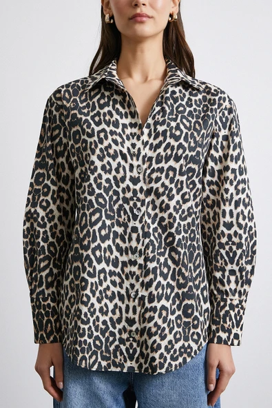 Leopar Desenli Saten Gömlek Bej - Resim 2