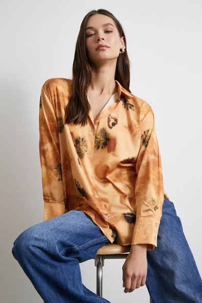 V Yaka Desenli Gömlek Somon - Resim 6