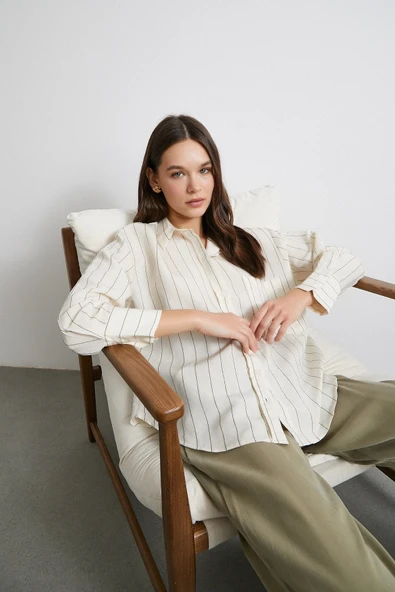 Kontrast Çizgili Modal Gömlek Haki ürün görseli