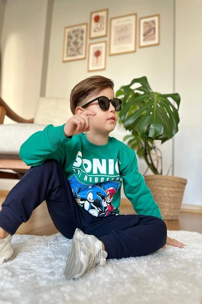 Yeni Sezon Sonic Desenli Yeşil Renk Erkek Çocuk Eşofman Takım - 2