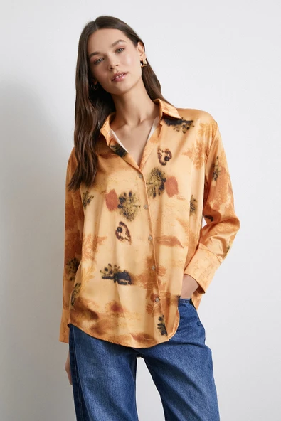 V Yaka Desenli Gömlek Somon - Resim 5