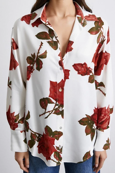 Gül Baskılı Saten Gömlek Beyaz - Resim 5