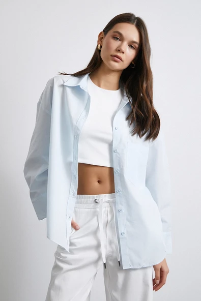 Oversize Pamuklu Gömlek Açık Mavi - Resim 3