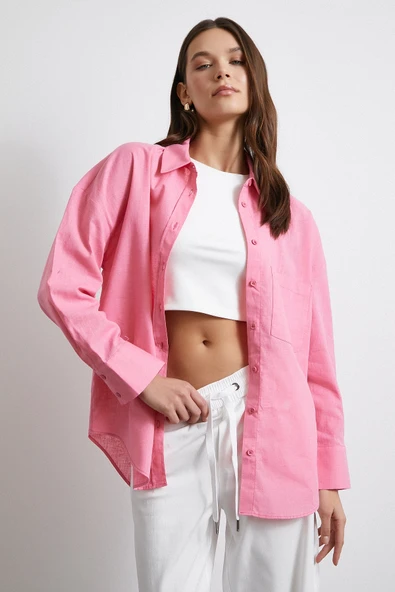 Lendy Keten Gömlek Pembe - Resim 4