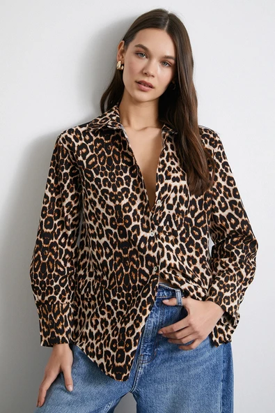 Leopar Desenli Poplin Gömlek Bej - Resim 4