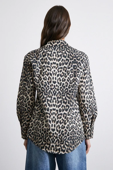 Leopar Desenli Saten Gömlek Bej - Resim 3