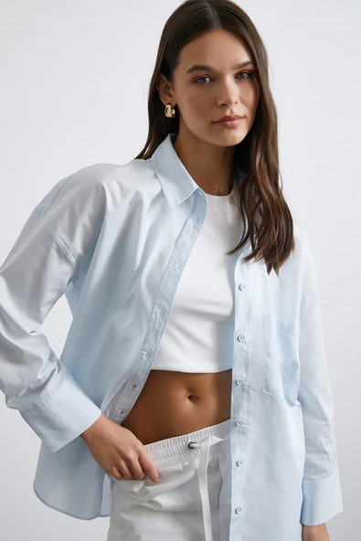 Oversize Pamuklu Gömlek Açık Mavi - Resim 4