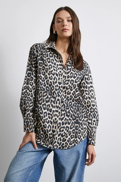 Leopar Desenli Saten Gömlek Bej - Resim 5