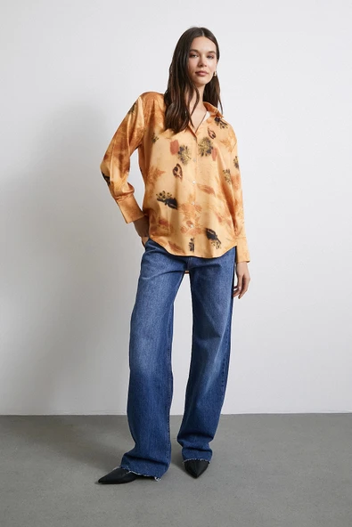 V Yaka Desenli Gömlek Somon - Resim 4