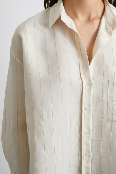 Kontrast Çizgili Modal Gömlek Bej - 2