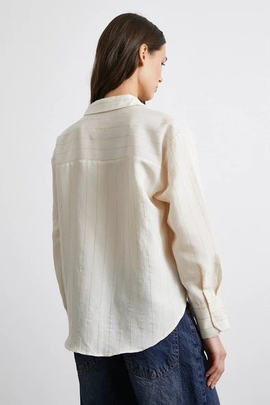 Kontrast Çizgili Modal Gömlek Bej - 3