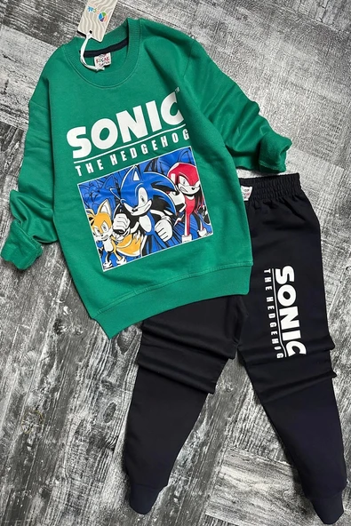 Yeni Sezon Sonic Desenli Yeşil Renk Erkek Çocuk Eşofman Takım - 3