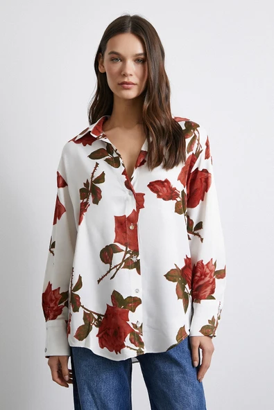 Gül Baskılı Saten Gömlek Beyaz - Resim 3