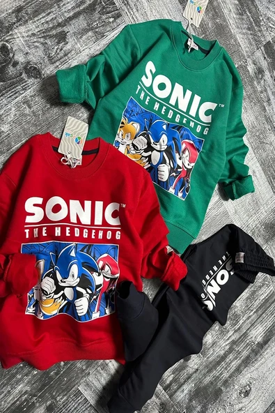 Yeni Sezon Sonic Desenli Yeşil Renk Erkek Çocuk Eşofman Takım - 4