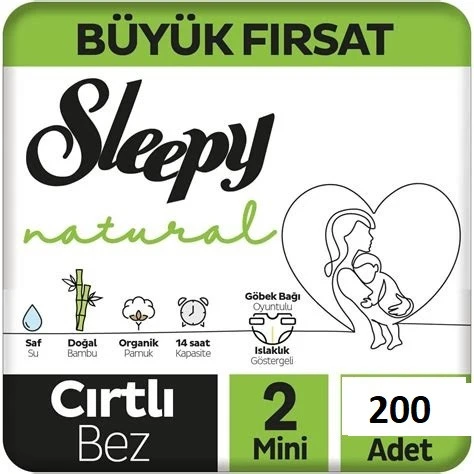 Sleepy Natural 2 Numara Mini 200'lü Bebek Bezi ürün görseli 1