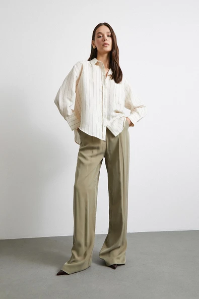 Kontrast Çizgili Modal Gömlek Haki - Resim 2