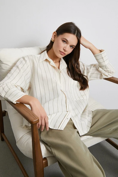 Kontrast Çizgili Modal Gömlek Haki - Resim 3