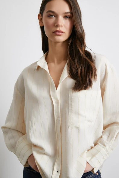 Kontrast Çizgili Modal Gömlek Bej - 6