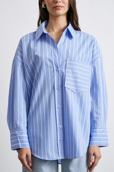Basic Organik Pamuk Çizgili Gömlek Mavi - Resim 5