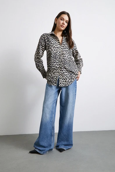 Leopar Desenli Saten Gömlek Bej - Resim 4