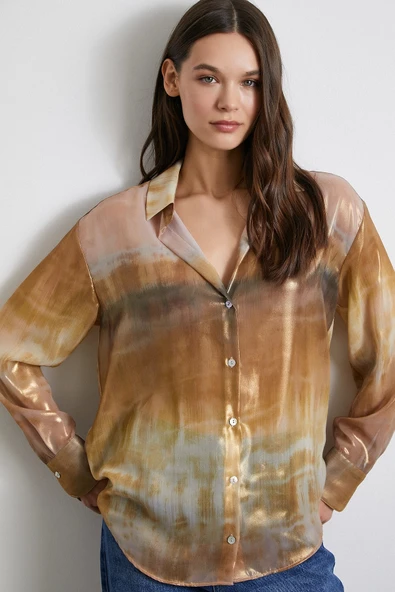 Desenli Krinkıl Gömlek Haki - Resim 4