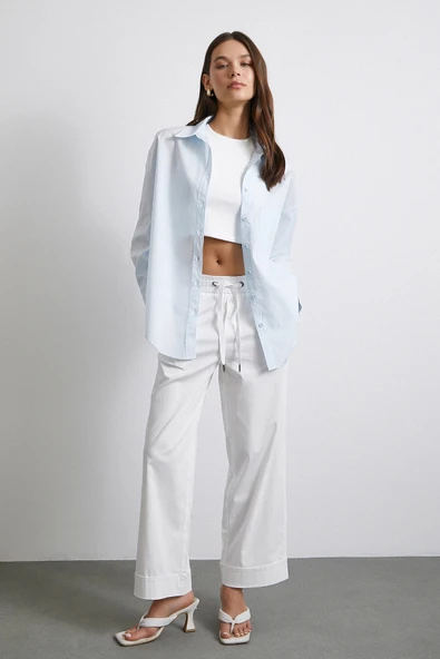 Oversize Pamuklu Gömlek Açık Mavi - Resim 2