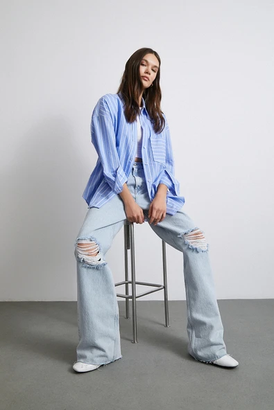 Basic Organik Pamuk Çizgili Gömlek Mavi ürün görseli