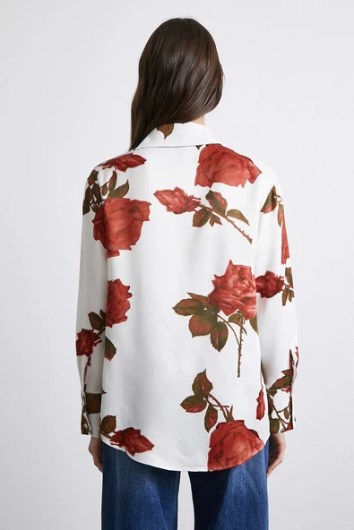 Gül Baskılı Saten Gömlek Beyaz - Resim 6