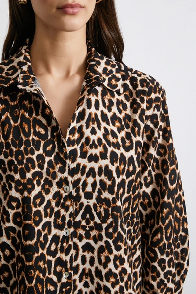 Leopar Desenli Poplin Gömlek Bej - Resim 5