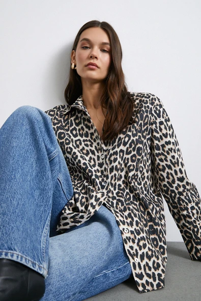 Leopar Desenli Saten Gömlek Bej - Resim 6