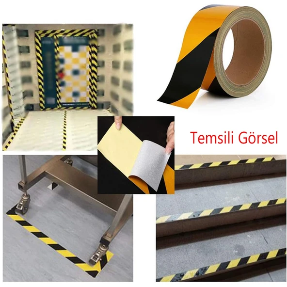 Sarı Siyah İşaretli Yönlendirme Reflektörlü Reflektif Yapışkanlı Şerit Bant 7.5 cm İkaz Bandı 5 Mt - 4