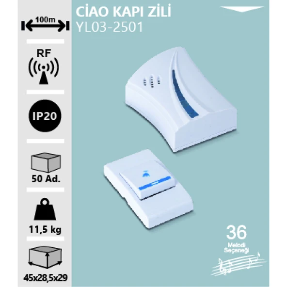 Noas Ciao Kapı Zili Kablosuz 100 Metre Mesafeli 36 Melodi Seçenekli