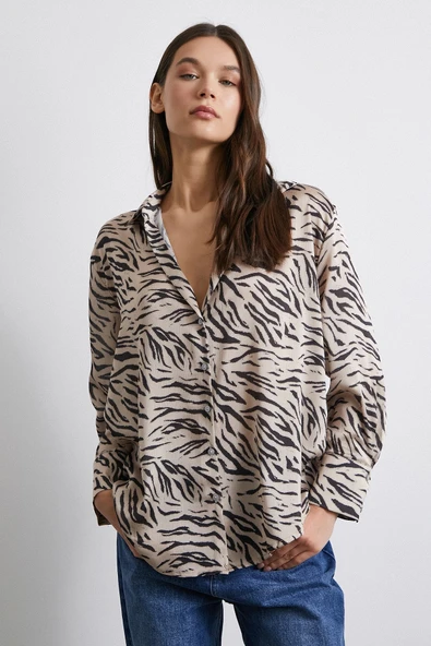 Zebra Desen V Yaka Gömlek Taş - Resim 3