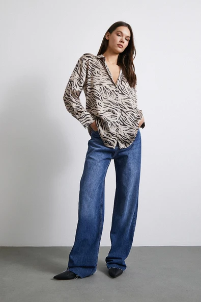 Zebra Desen V Yaka Gömlek Taş - Resim 2