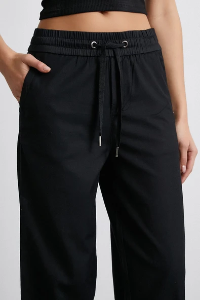 Beli Lastikli Paçası Katlamalı Pantolon Siyah - 5