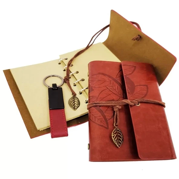 Ahşap Kutulu Kahve Deri Defter Ve Anahtarlık Set - 2