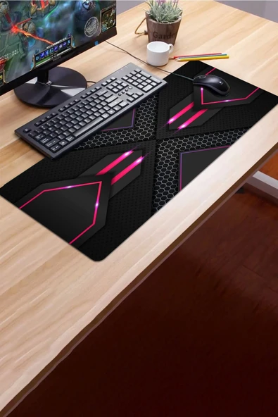 SonicTouch Prizma Kırmızı Petek Desenli Gamer Oyuncu Dikişsiz Sıvı Geçirmez Siyah Klavye Mouse Pad 32x70Cm - 3