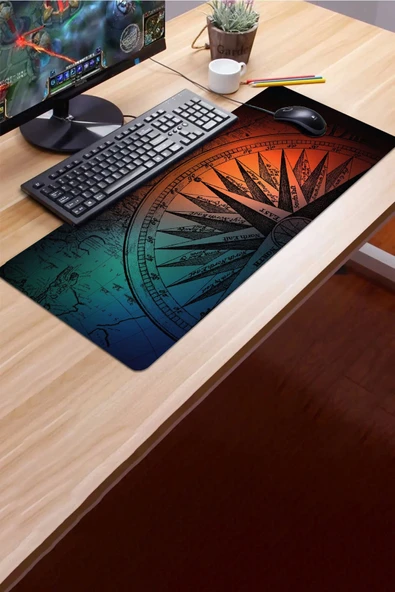 SonicTouch Orta Çağ Pusula Gamer Oyuncu Dikişsiz Sıvı Geçirmez Siyah Klavye Mouse Pad 32x70Cm - 3