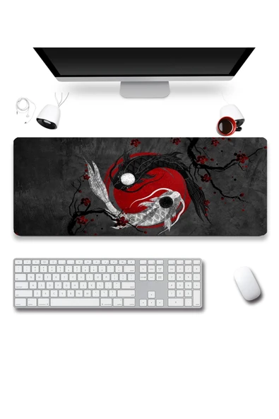 SonicTouch Japon Ying Yang Balığı Gamer Oyuncu Dikişsiz Sıvı Geçirmez Siyah Klavye Mouse Pad 32x70Cm - 2